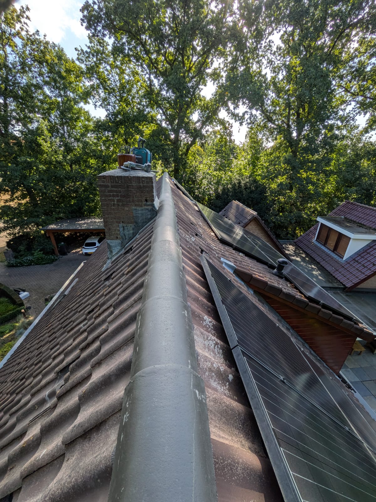 Dak met zonnepanelen en schoorsteen, omgeven door bomen.