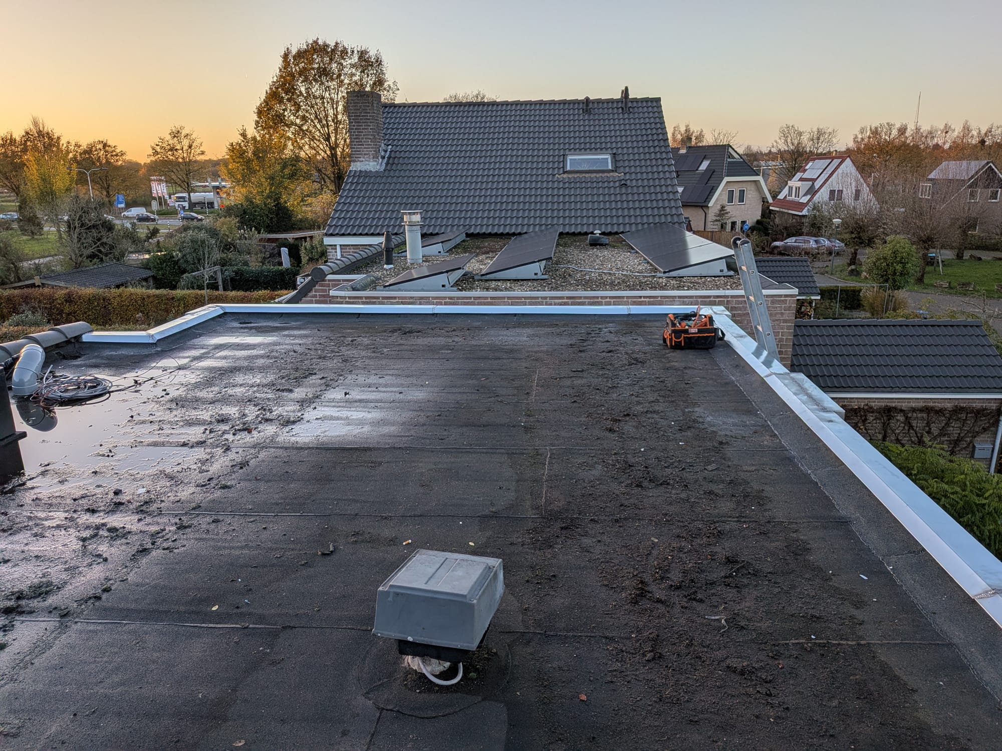 Plat dak met zonnepanelen en herfstbomen op achtergrond.